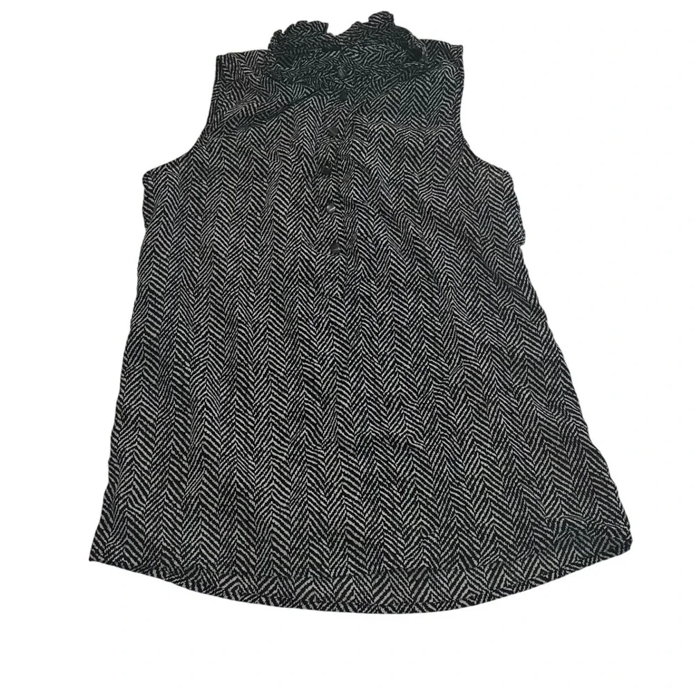 JCrew Womens 100% Silk Herringbone Ruffle Neck Sleeveless Blouse Black White 00 - Picture 8 of 8